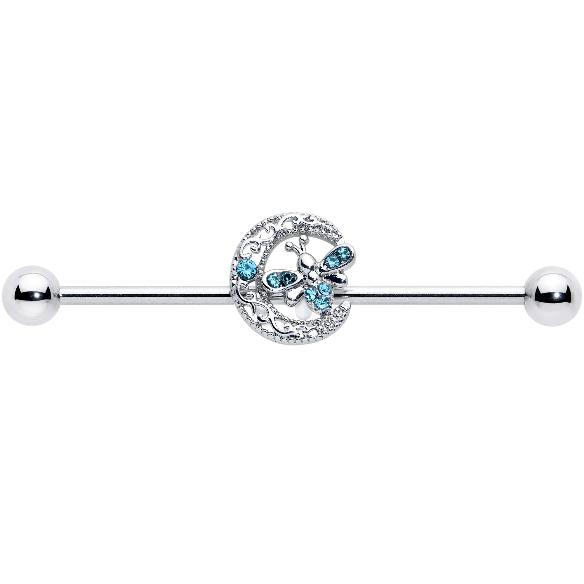 BodyCandy 14G Blue Gem Lunar Dragonfly Industrial Barbell 38mm — detail close-up