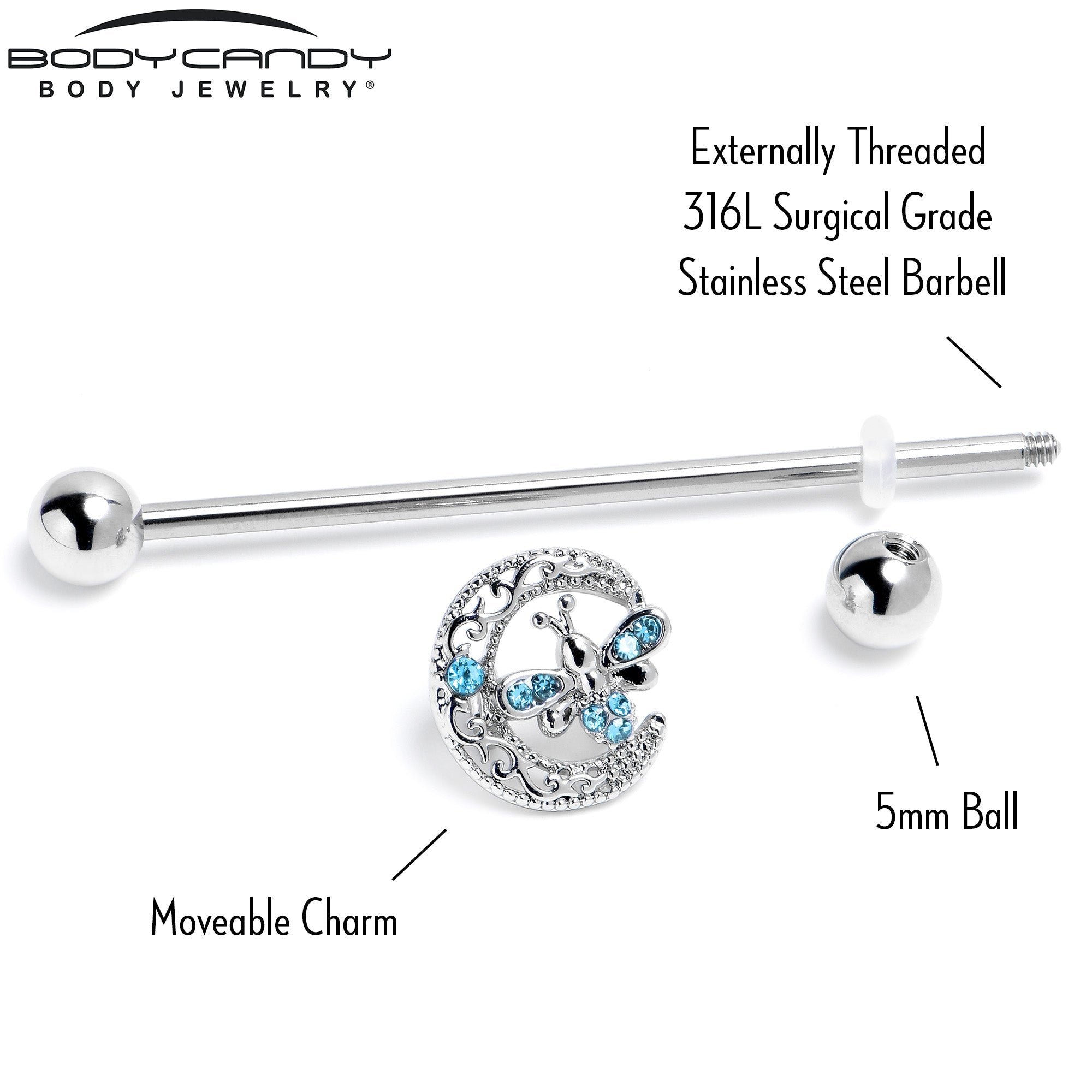 BodyCandy 14G Blue Gem Lunar Dragonfly Industrial Barbell 38mm — back view