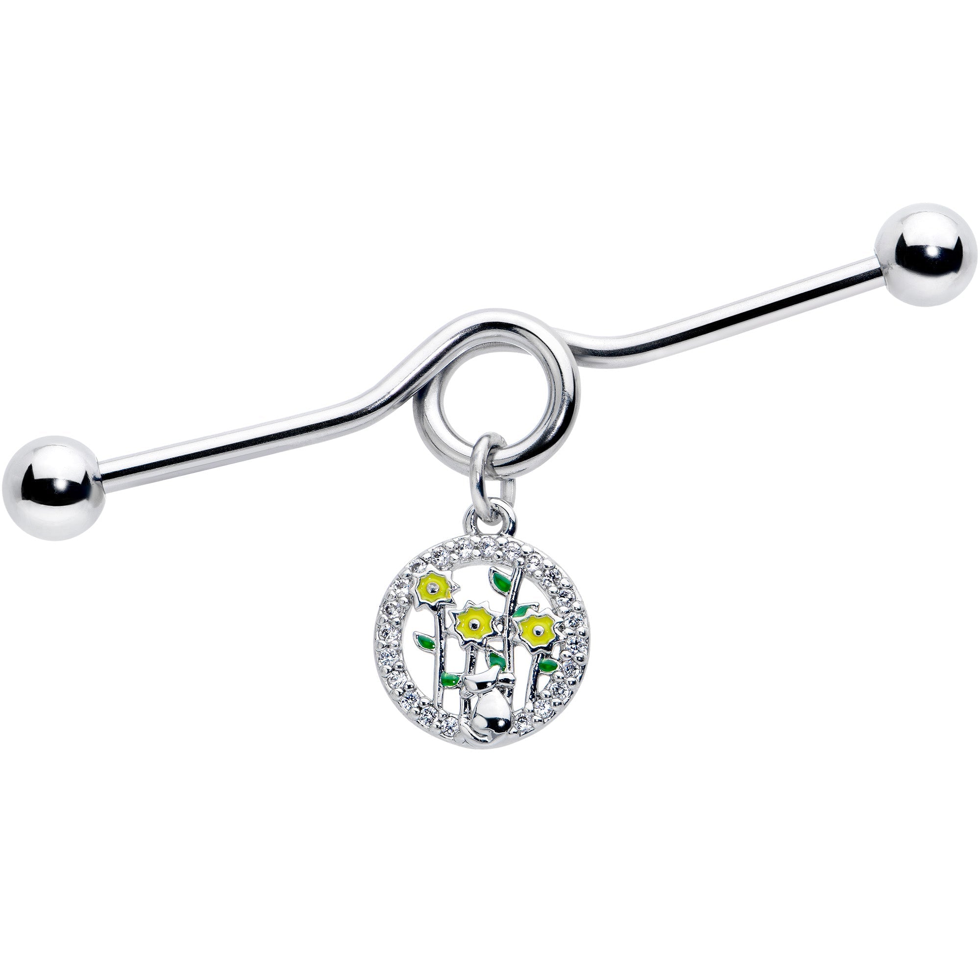 BodyCandy 14G Clear Gem Cat Yellow Flowers Dangle Project Bar 38mm — main product shot
