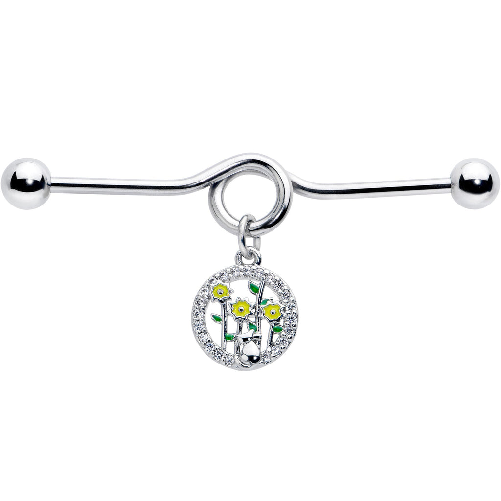 BodyCandy 14G Clear Gem Cat Yellow Flowers Dangle Project Bar 38mm — detail close-up