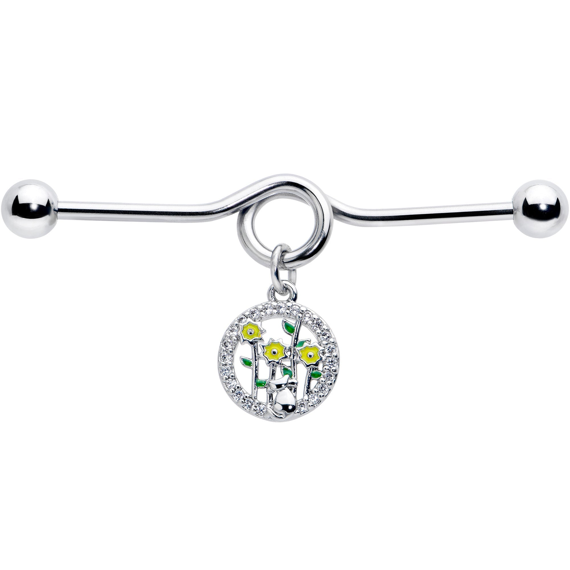BodyCandy 14G Clear Gem Cat Yellow Flowers Dangle Project Bar 38mm — detail close-up