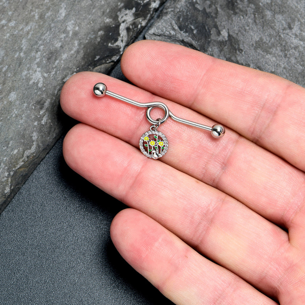 BodyCandy 14G Clear Gem Cat Yellow Flowers Dangle Project Bar 38mm — lifestyle context