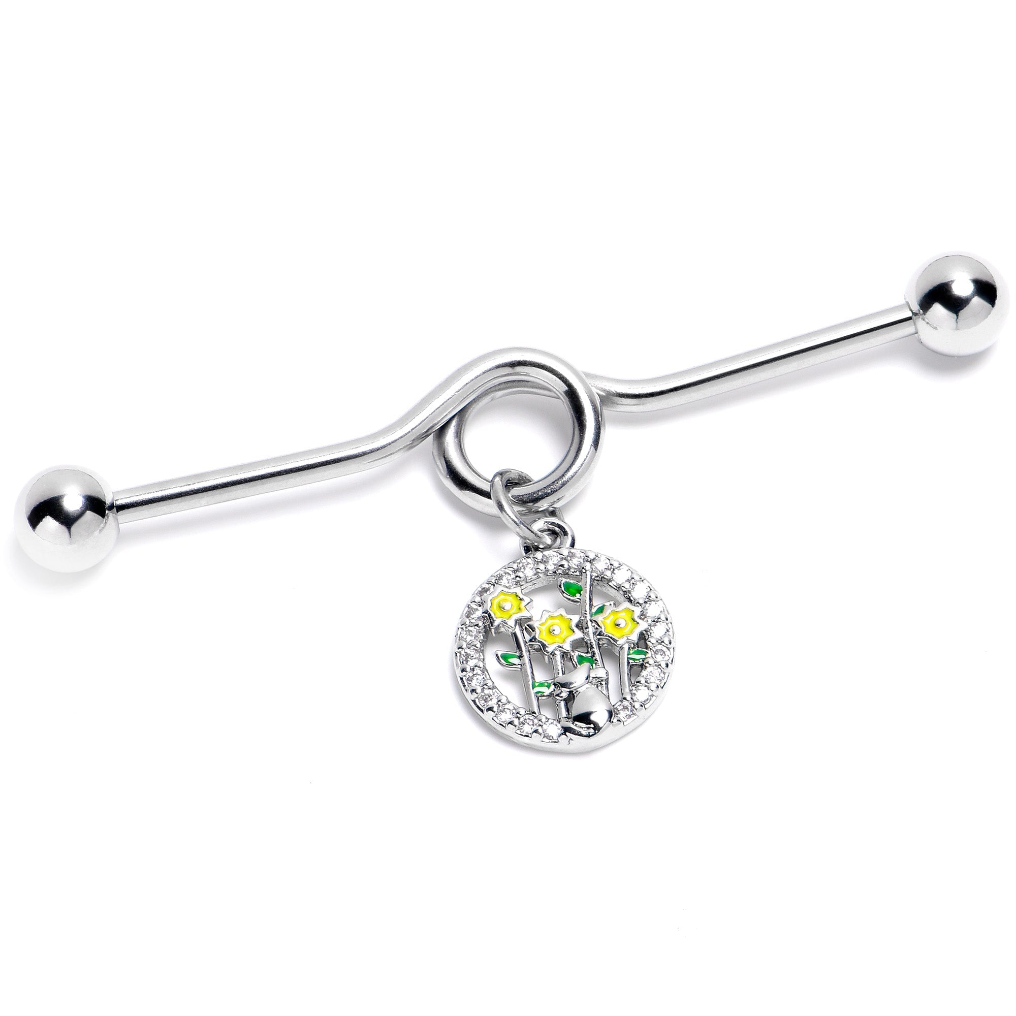 BodyCandy 14G Clear Gem Cat Yellow Flowers Dangle Project Bar 38mm — side view