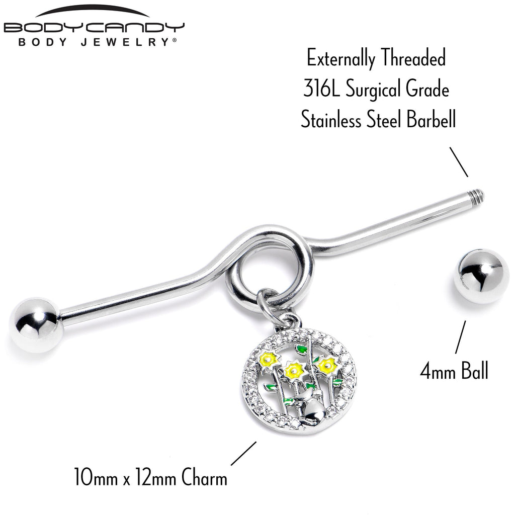 BodyCandy 14G Clear Gem Cat Yellow Flowers Dangle Project Bar 38mm — back view
