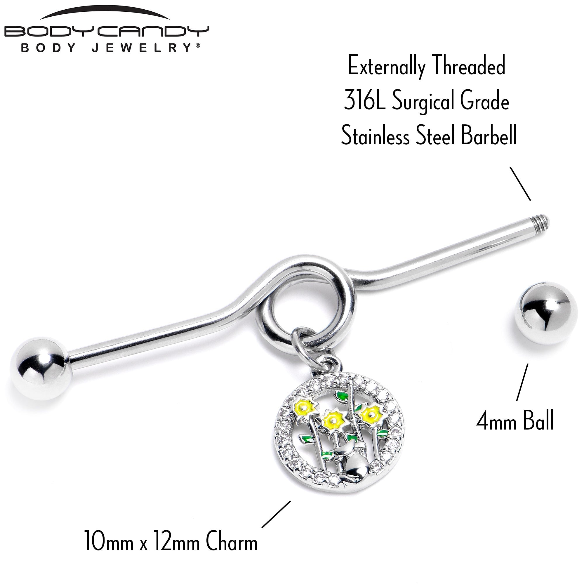 BodyCandy 14G Clear Gem Cat Yellow Flowers Dangle Project Bar 38mm — back view