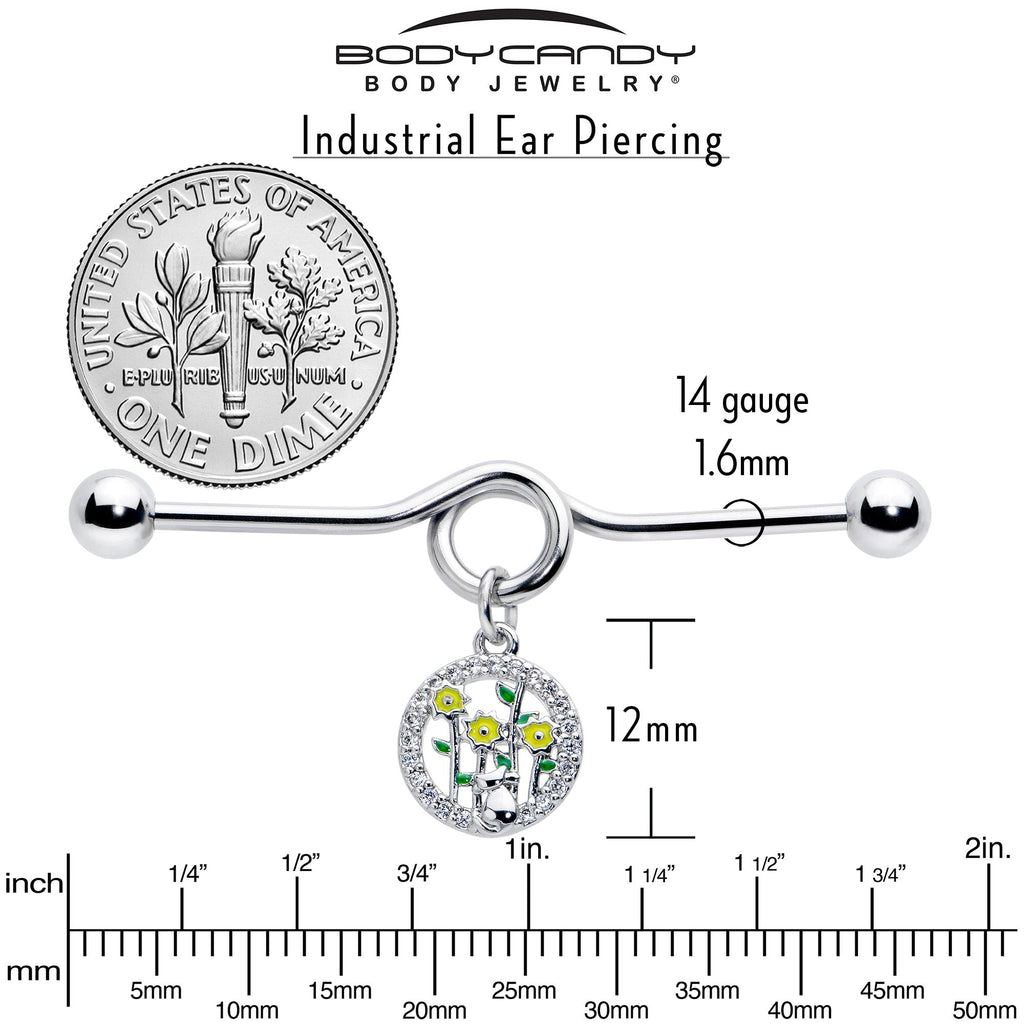 BodyCandy 14G Clear Gem Cat Yellow Flowers Dangle Project Bar 38mm — alternative angle