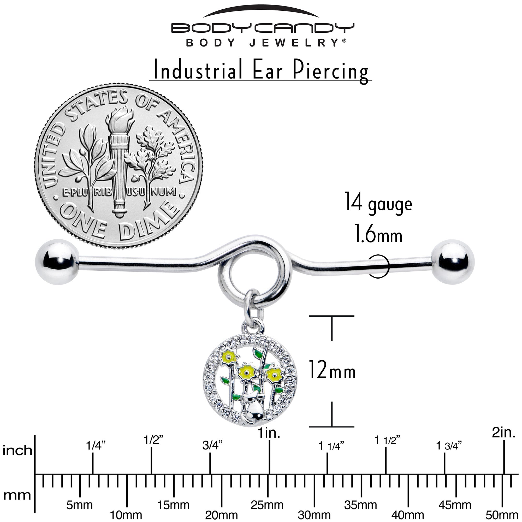 BodyCandy 14G Clear Gem Cat Yellow Flowers Dangle Project Bar 38mm — alternative angle