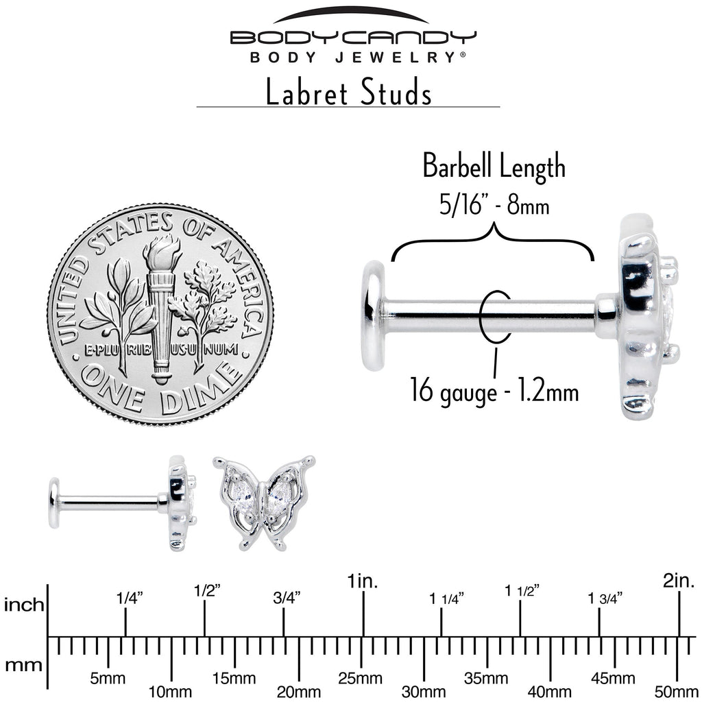 BodyCandy 16G 5/16 Clear Gem Fancy Fab Butterfly Internally Threaded Labret — alternative angle