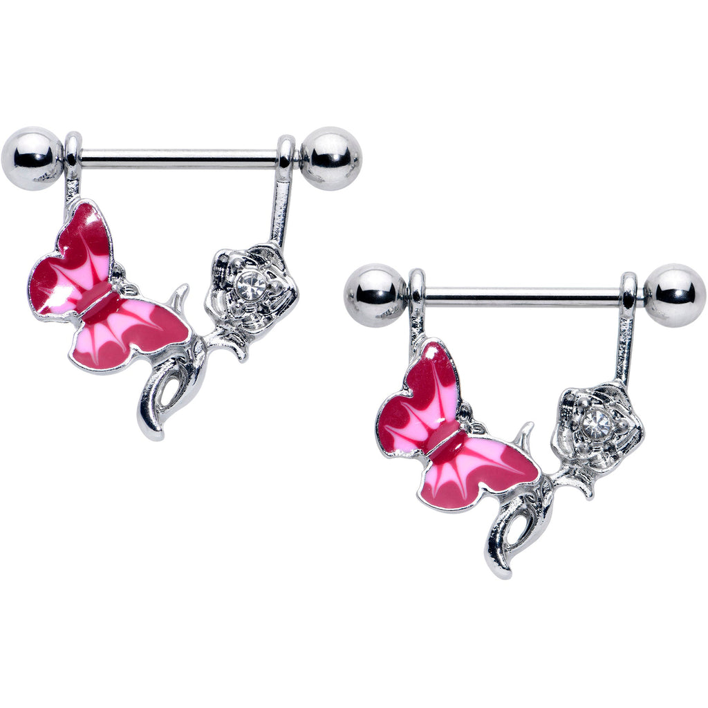 BodyCandy 14G 9/16 Butterfly Pink Rose Flower Dangle Nipple Ring Set — main product shot