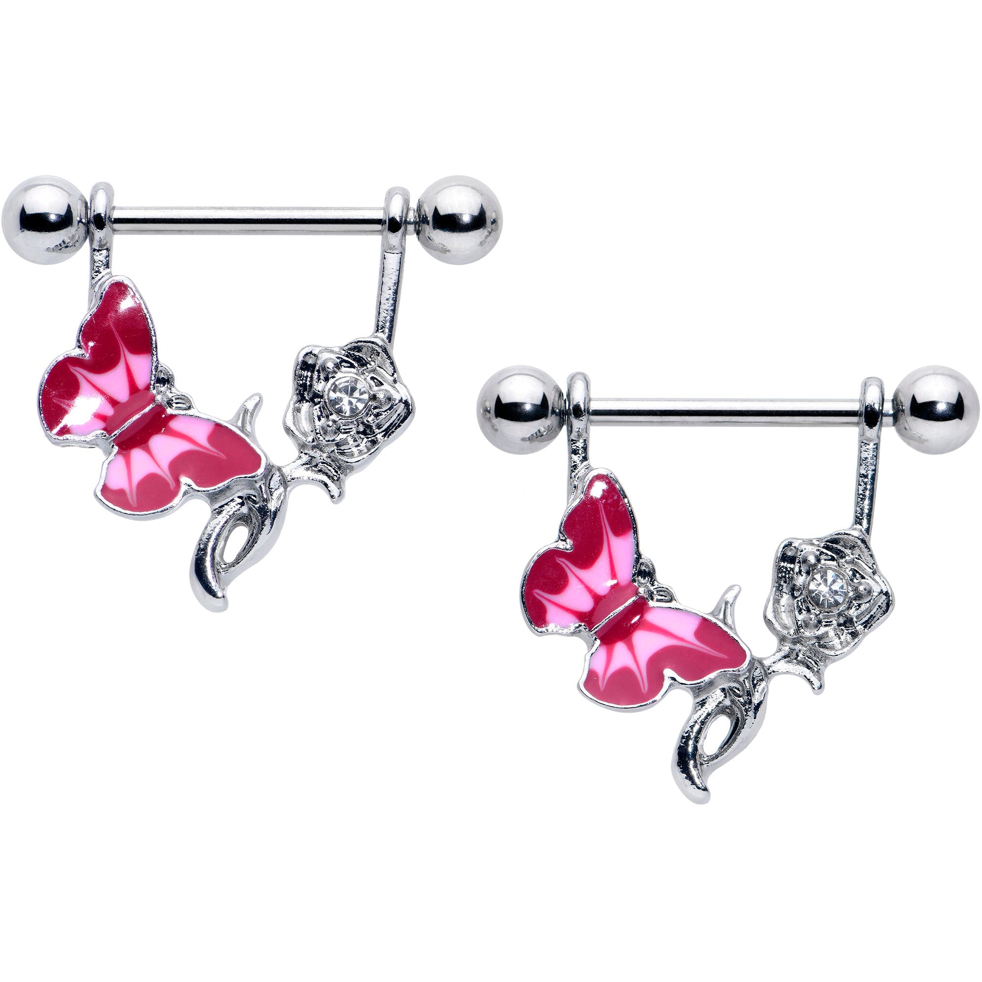 BodyCandy 14G 9/16 Butterfly Pink Rose Flower Dangle Nipple Ring Set — main product shot