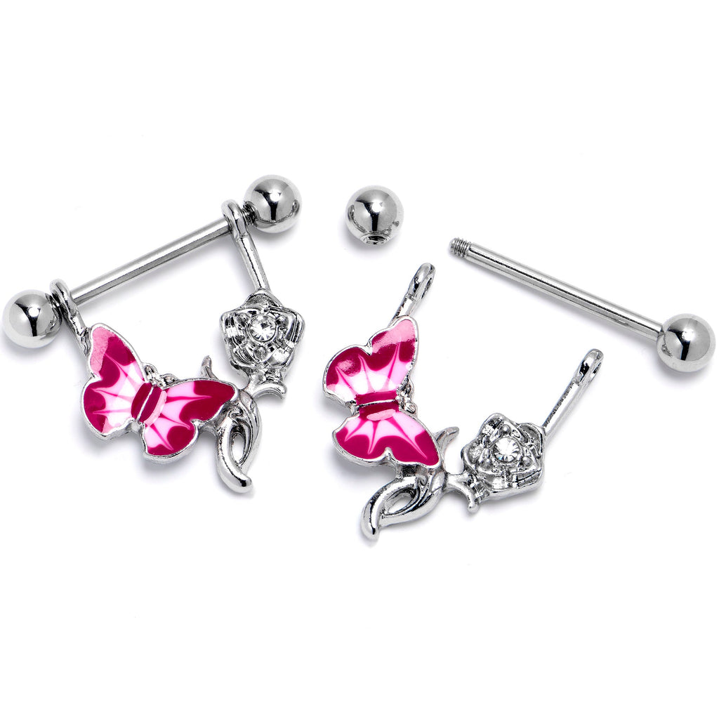 BodyCandy 14G 9/16 Butterfly Pink Rose Flower Dangle Nipple Ring Set — detail close-up