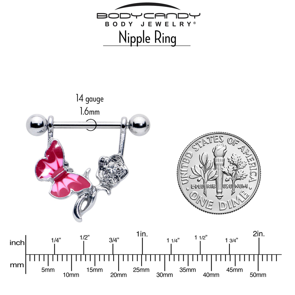BodyCandy 14G 9/16 Butterfly Pink Rose Flower Dangle Nipple Ring Set — side view
