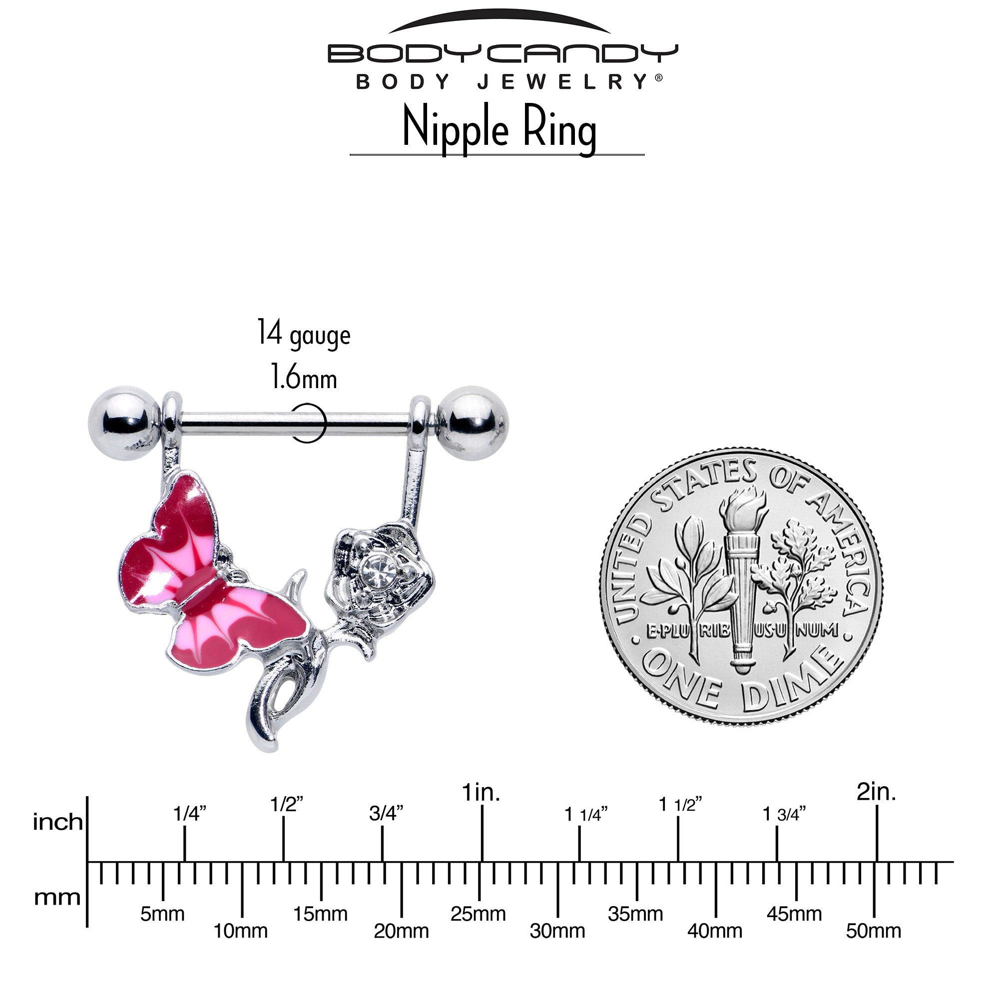 BodyCandy 14G 9/16 Butterfly Pink Rose Flower Dangle Nipple Ring Set — side view