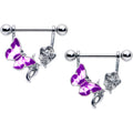 BodyCandy 14G 9/16 Butterfly Purple Rose Flower Dangle Nipple Ring Set — main product shot