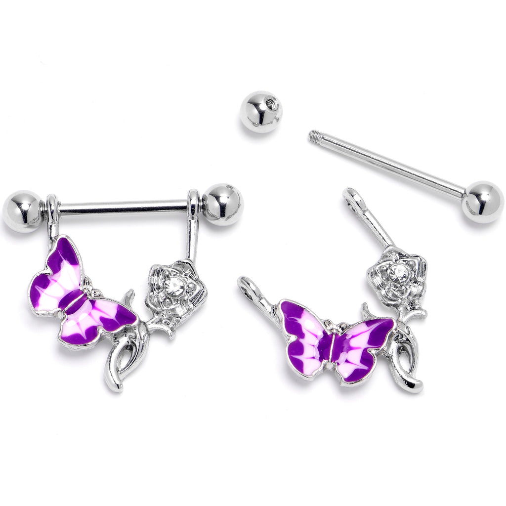 BodyCandy 14G 9/16 Butterfly Purple Rose Flower Dangle Nipple Ring Set — detail close-up