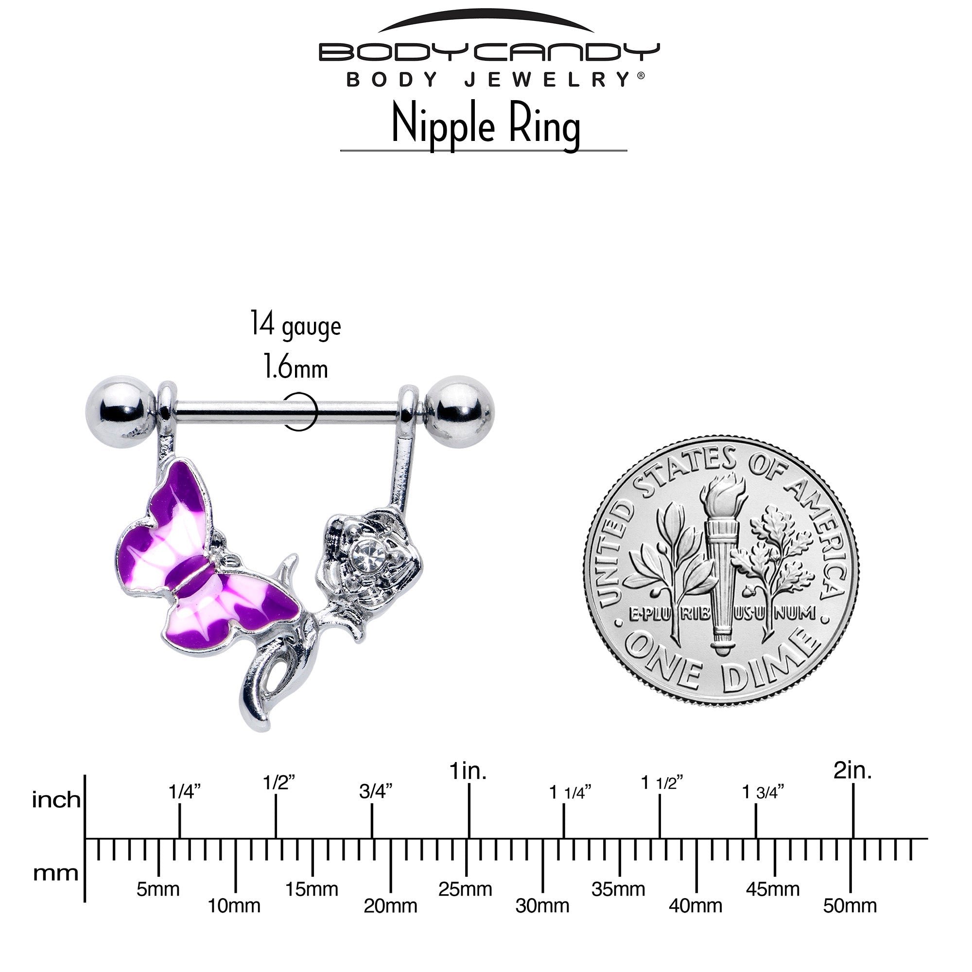 BodyCandy 14G 9/16 Butterfly Purple Rose Flower Dangle Nipple Ring Set — side view