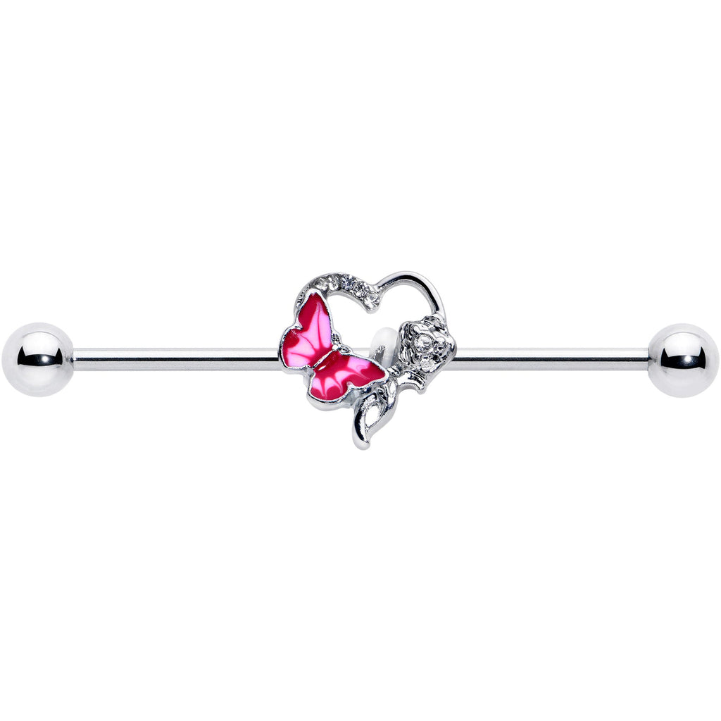 BodyCandy 14G Clear Gem Butterfly Rose Flower Pink Industrial Barbell 38mm — detail close-up