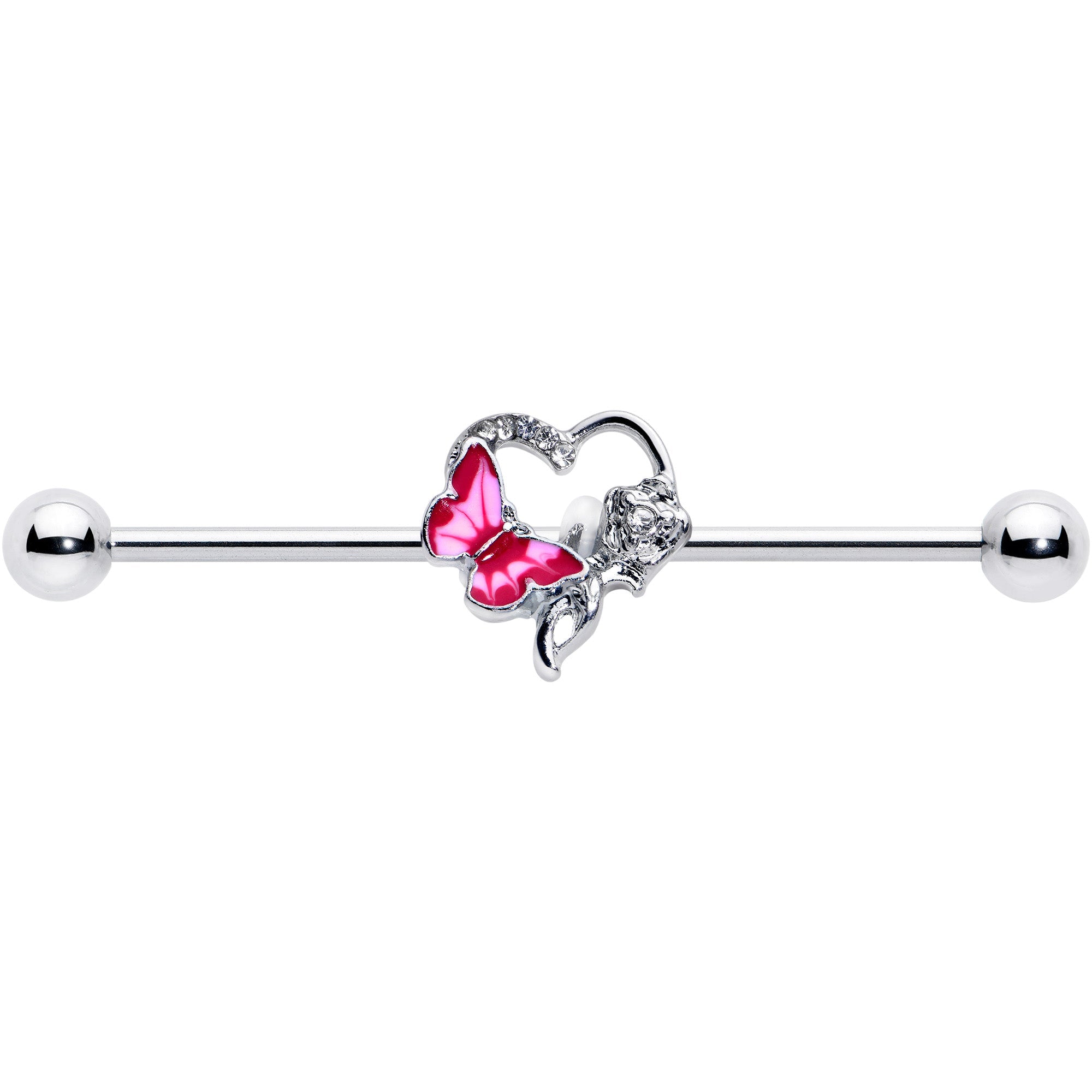 BodyCandy 14G Clear Gem Butterfly Rose Flower Pink Industrial Barbell 38mm — detail close-up