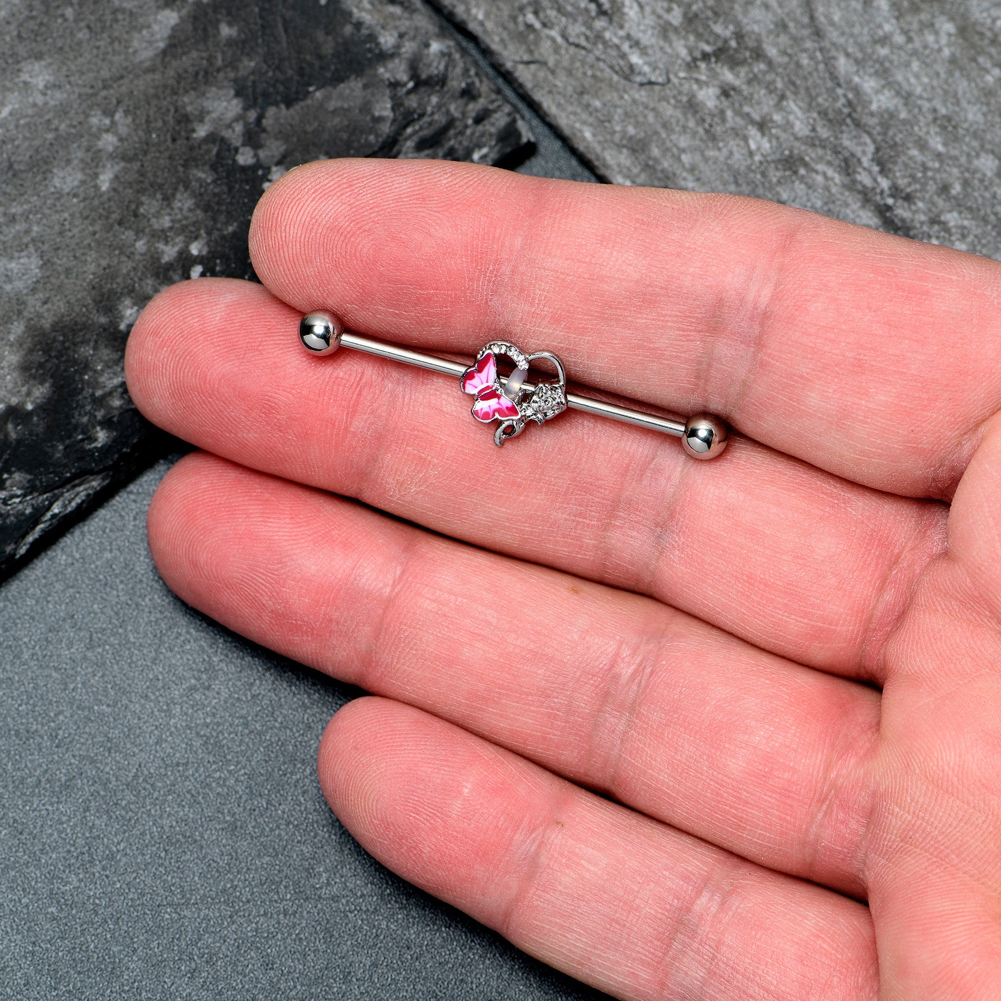 BodyCandy 14G Clear Gem Butterfly Rose Flower Pink Industrial Barbell 38mm — lifestyle context