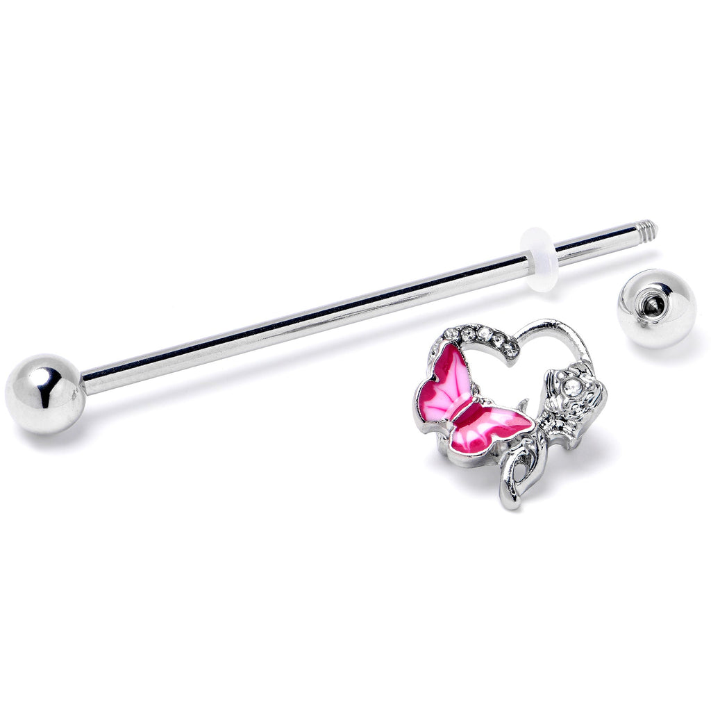 BodyCandy 14G Clear Gem Butterfly Rose Flower Pink Industrial Barbell 38mm — side view
