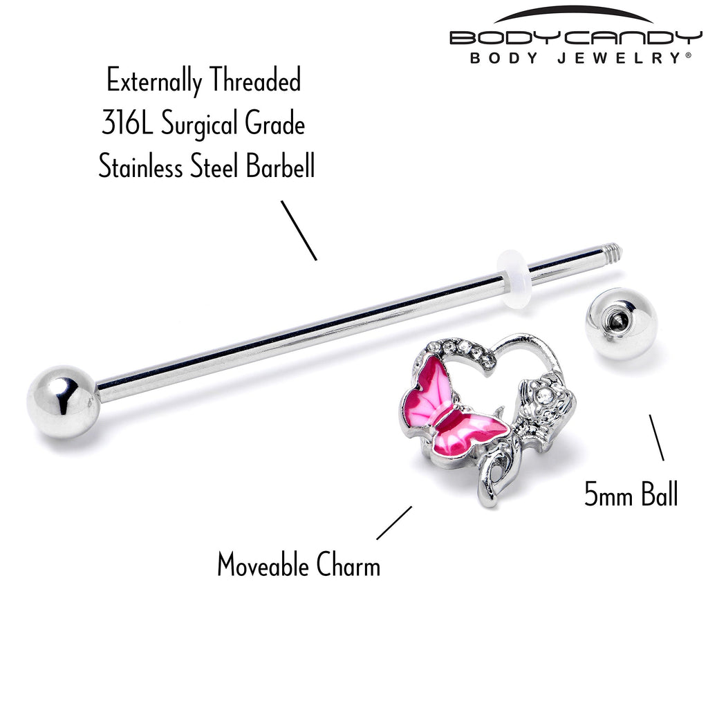 BodyCandy 14G Clear Gem Butterfly Rose Flower Pink Industrial Barbell 38mm — back view