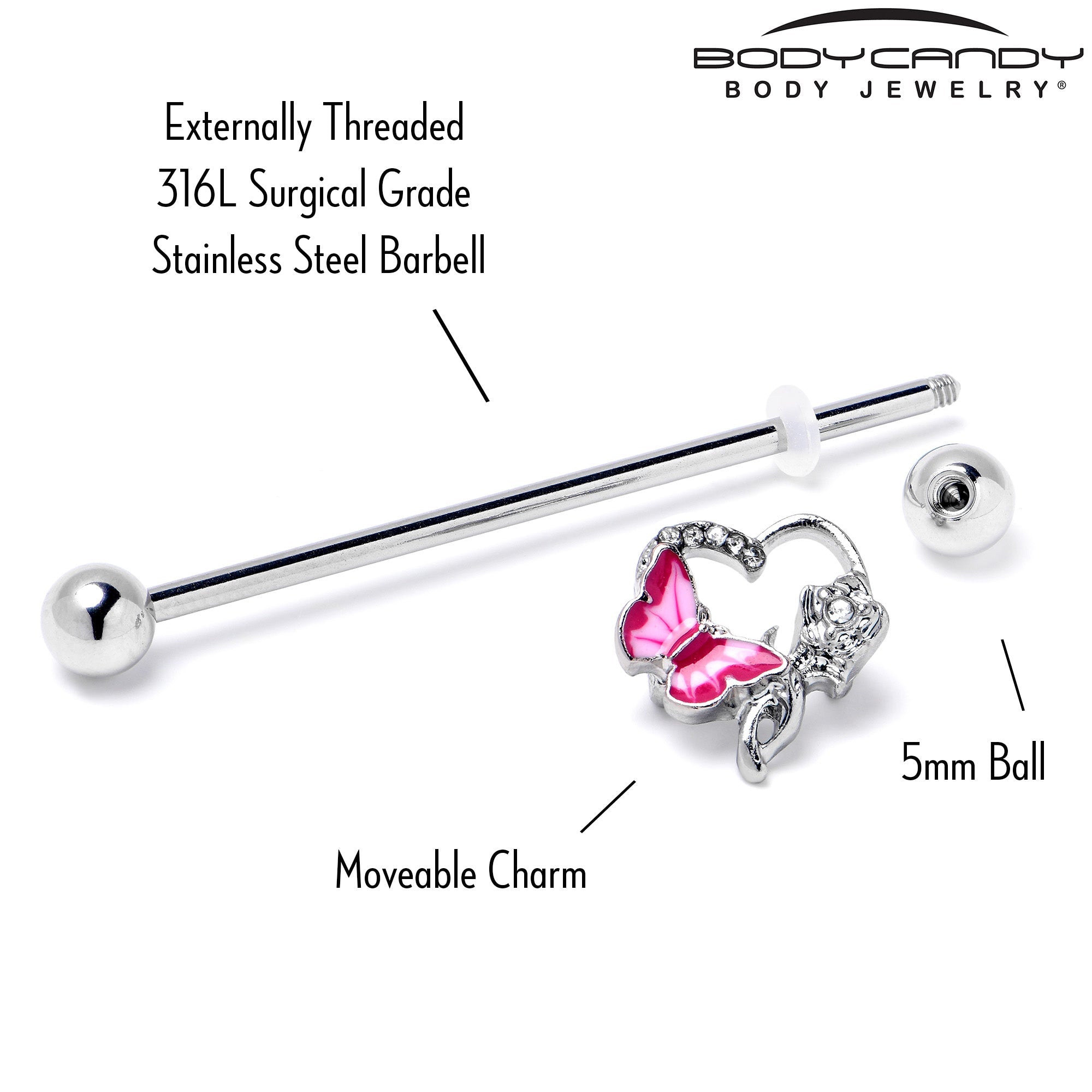BodyCandy 14G Clear Gem Butterfly Rose Flower Pink Industrial Barbell 38mm — back view
