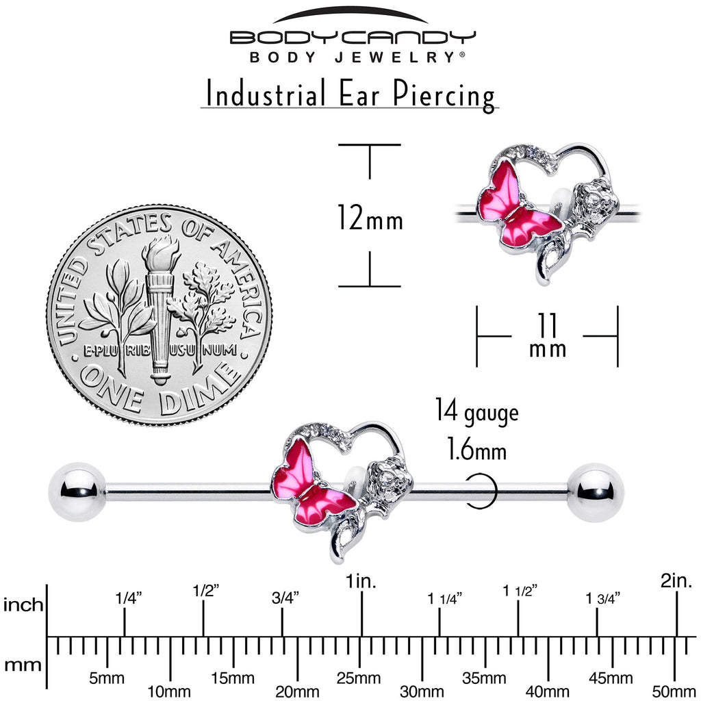 BodyCandy 14G Clear Gem Butterfly Rose Flower Pink Industrial Barbell 38mm — alternative angle