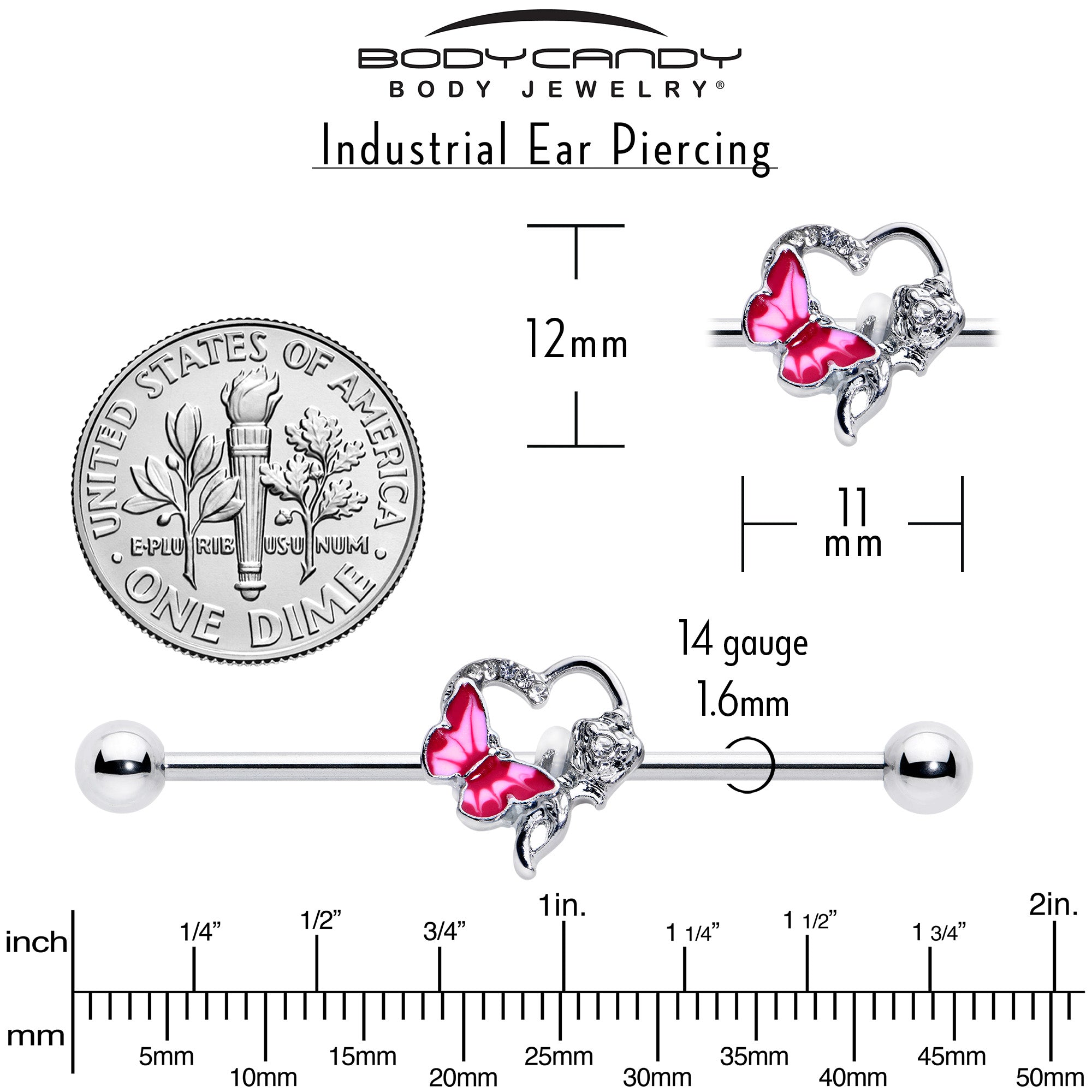 BodyCandy 14G Clear Gem Butterfly Rose Flower Pink Industrial Barbell 38mm — alternative angle