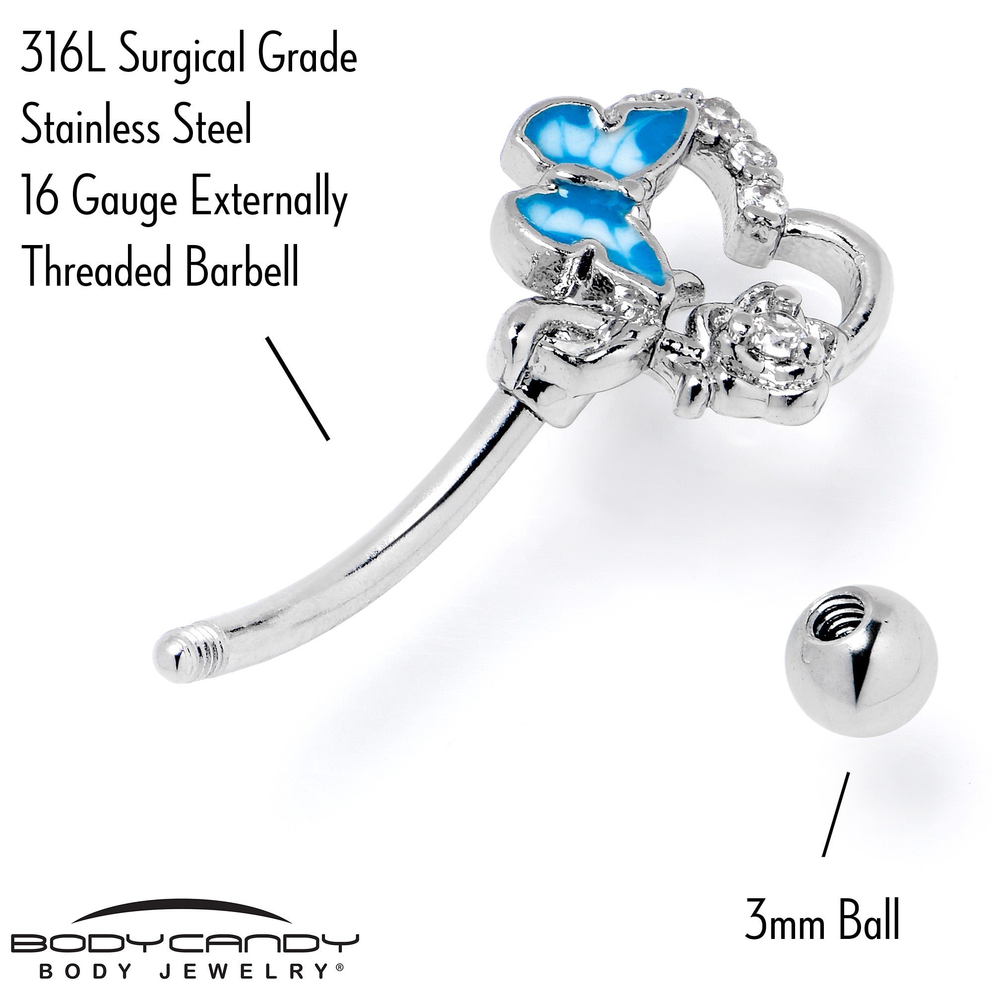 BodyCandy 16G 5/16 Clear Gem Butterfly Rose Flower Blue Curved Eyebrow Ring — back view