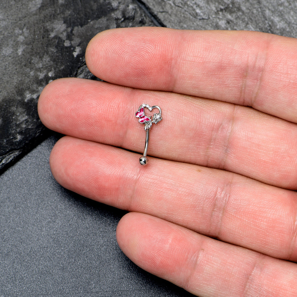 BodyCandy 16G 5/16 Clear Gem Butterfly Rose Flower Pink Curved Eyebrow Ring — detail close-up