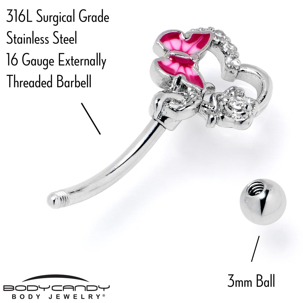 BodyCandy 16G 5/16 Clear Gem Butterfly Rose Flower Pink Curved Eyebrow Ring — back view