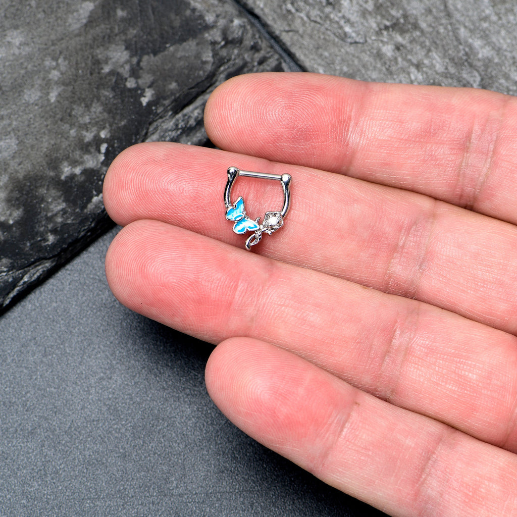 BodyCandy 16G 5/6 Clear Gem Butterfly Rose Flower Blue Cartilage Clicker — detail close-up