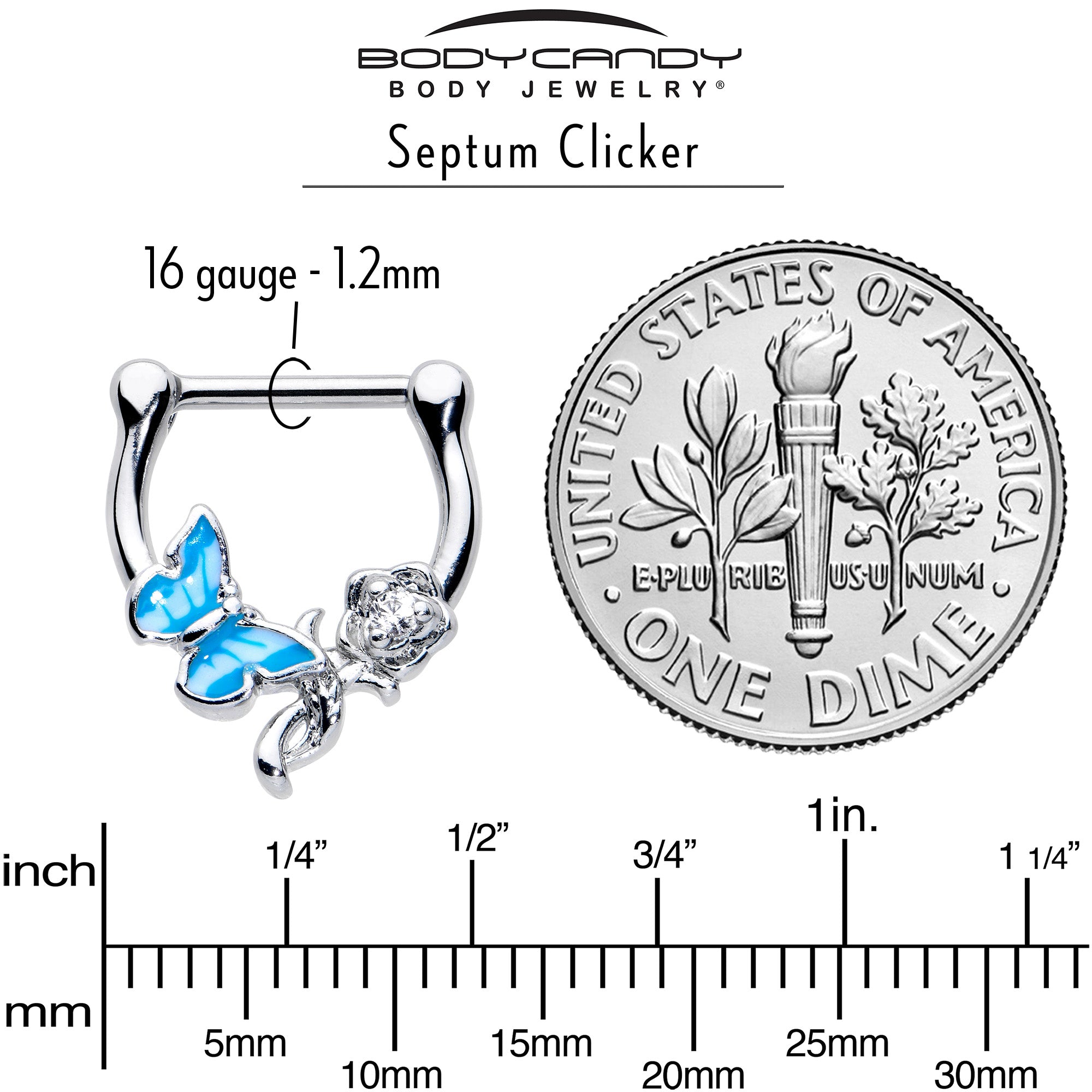 BodyCandy 16G 5/6 Clear Gem Butterfly Rose Flower Blue Cartilage Clicker — back view