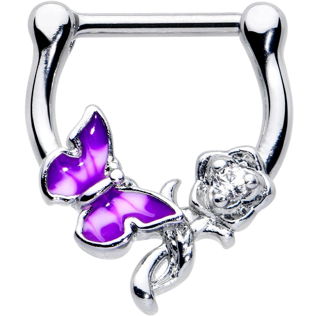 BodyCandy 16G 5/6 Clear Gem Butterfly Rose Flower Purple Cartilage Clicker — main product shot