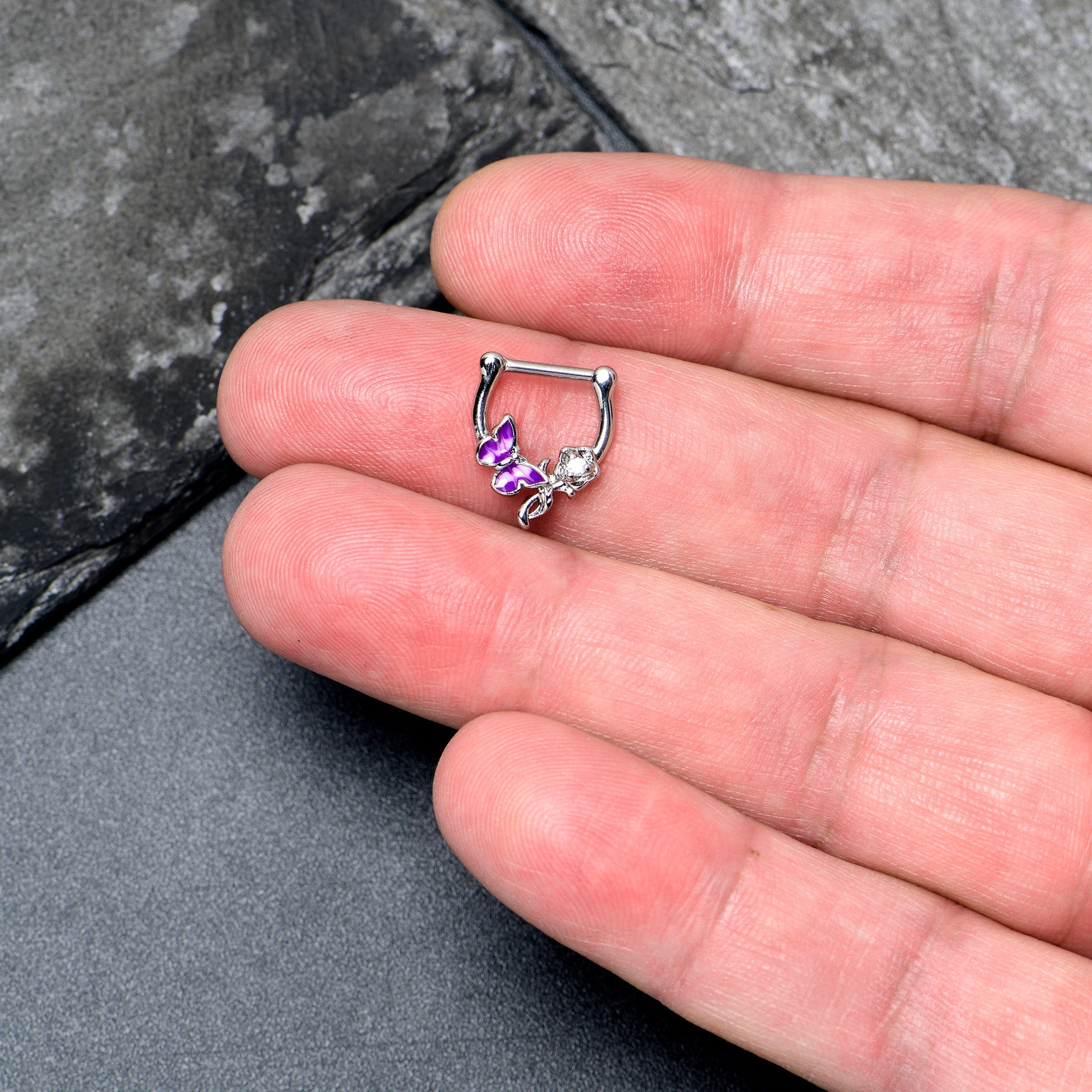 BodyCandy 16G 5/6 Clear Gem Butterfly Rose Flower Purple Cartilage Clicker — detail close-up