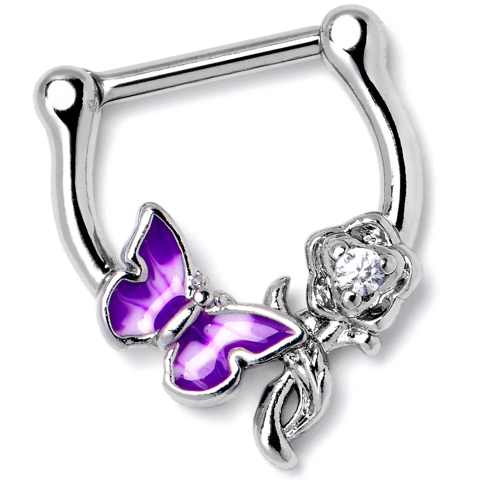 BodyCandy 16G 5/6 Clear Gem Butterfly Rose Flower Purple Cartilage Clicker — lifestyle context