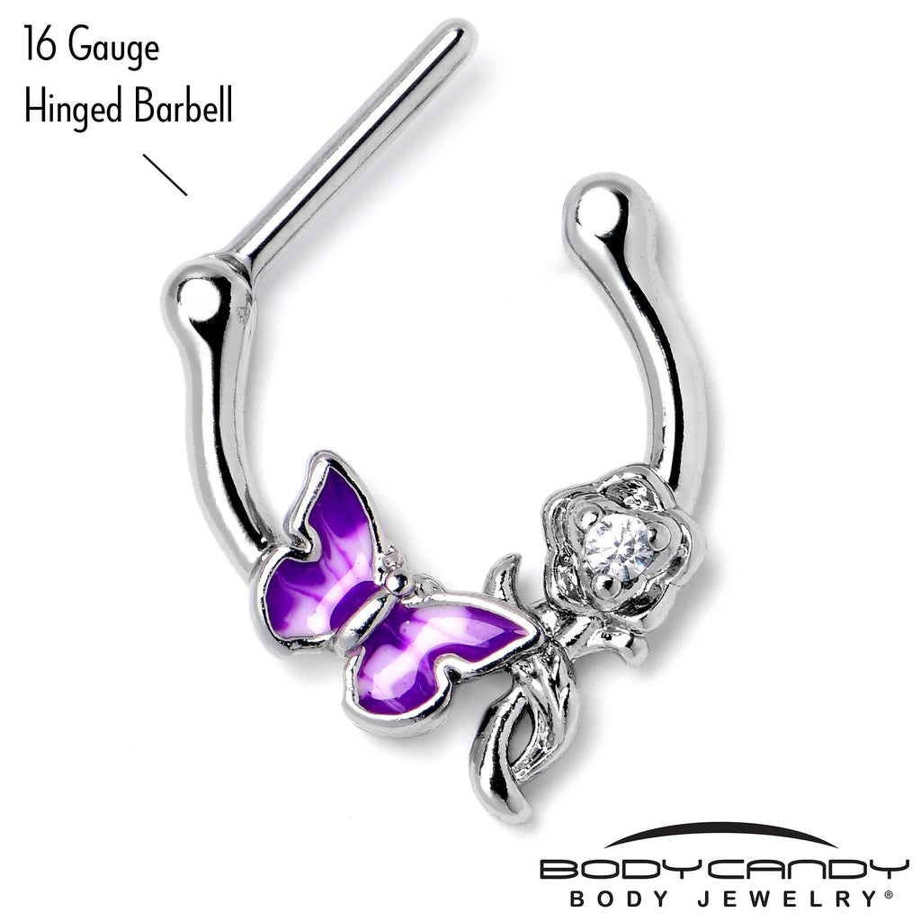 BodyCandy 16G 5/6 Clear Gem Butterfly Rose Flower Purple Cartilage Clicker — side view
