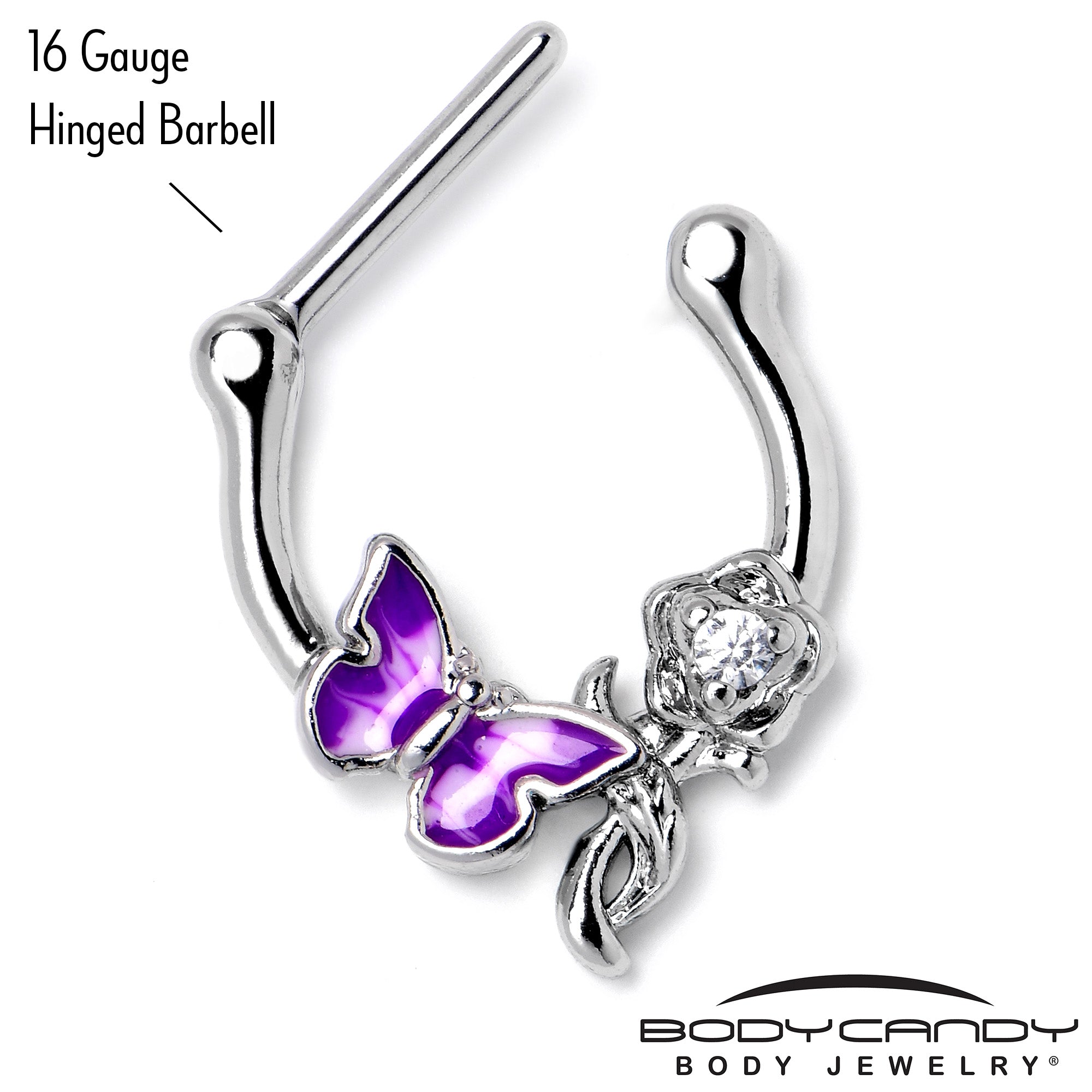 BodyCandy 16G 5/6 Clear Gem Butterfly Rose Flower Purple Cartilage Clicker — side view