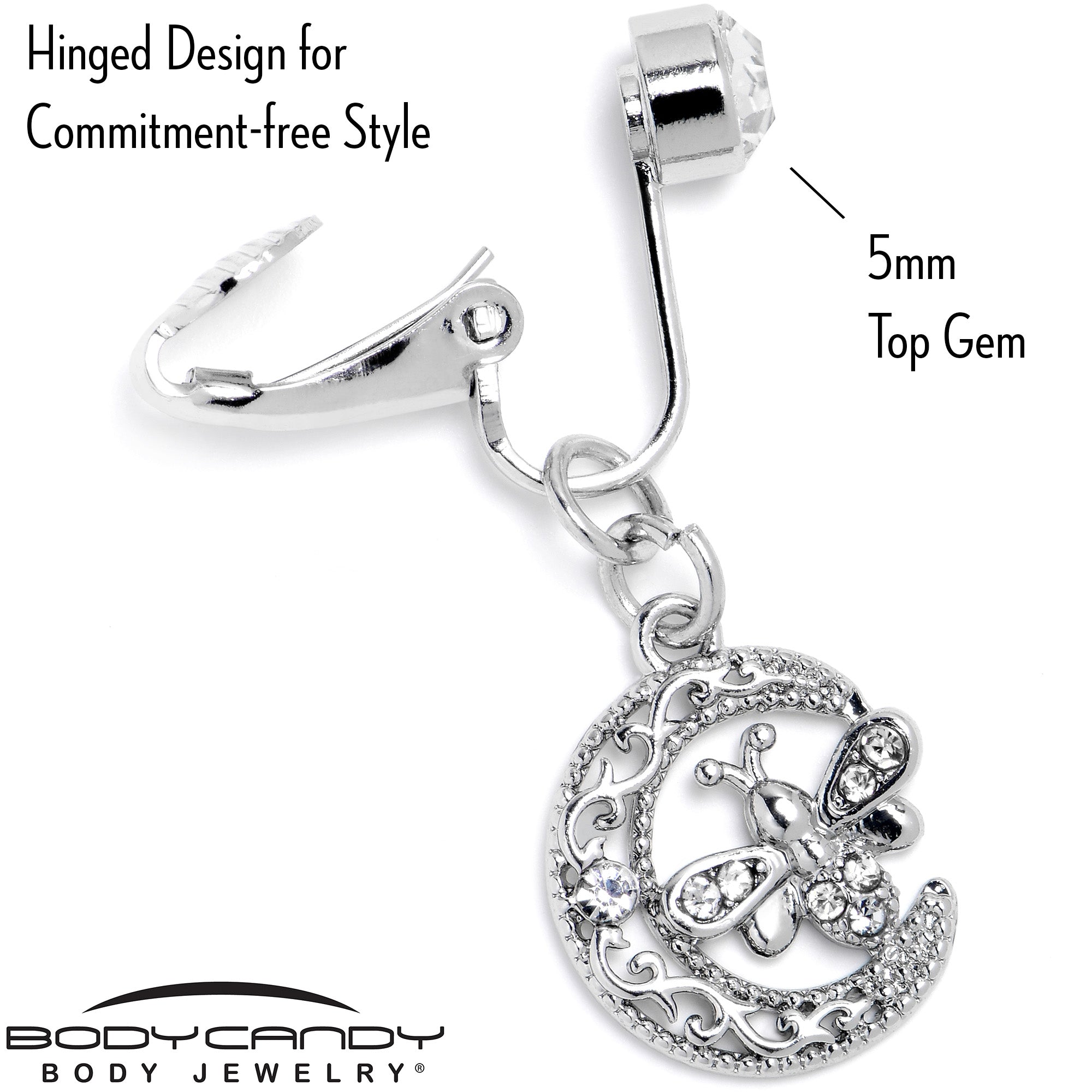 BodyCandy Clear Gem Lunar Dragonfly Fake Clip On Belly Ring — back view