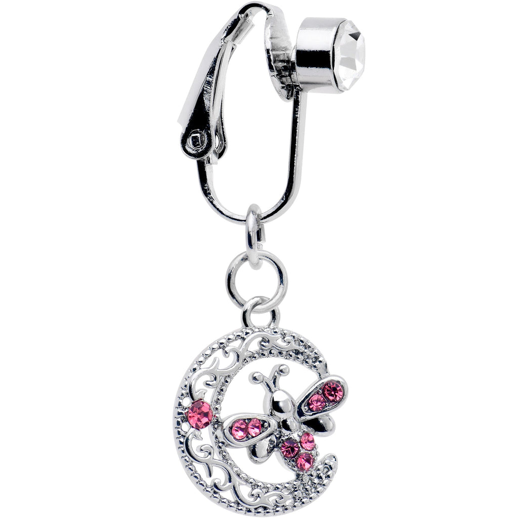 BodyCandy Pink Gem Lunar Dragonfly Fake Clip On Belly Ring — detail close-up
