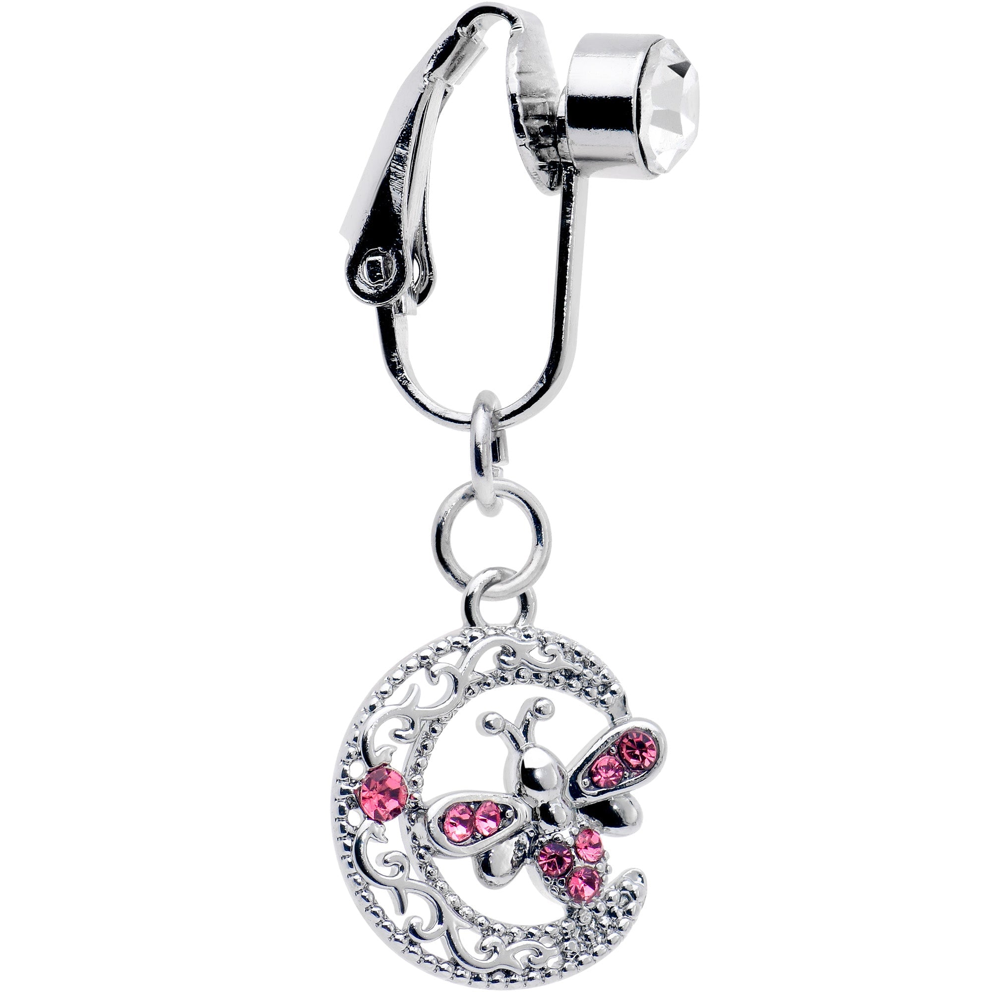 BodyCandy Pink Gem Lunar Dragonfly Fake Clip On Belly Ring — detail close-up