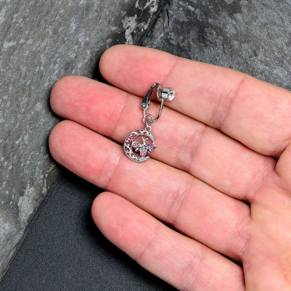 BodyCandy Pink Gem Lunar Dragonfly Fake Clip On Belly Ring — lifestyle context