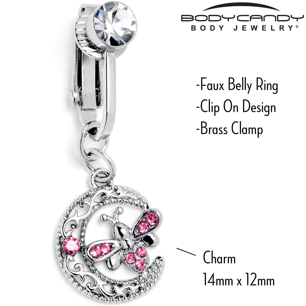 BodyCandy Pink Gem Lunar Dragonfly Fake Clip On Belly Ring — side view