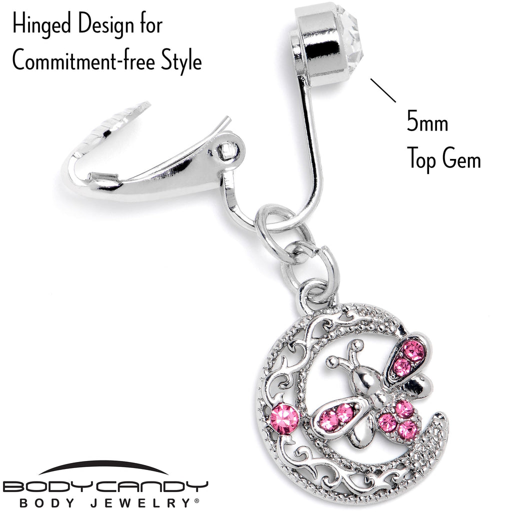 BodyCandy Pink Gem Lunar Dragonfly Fake Clip On Belly Ring — back view