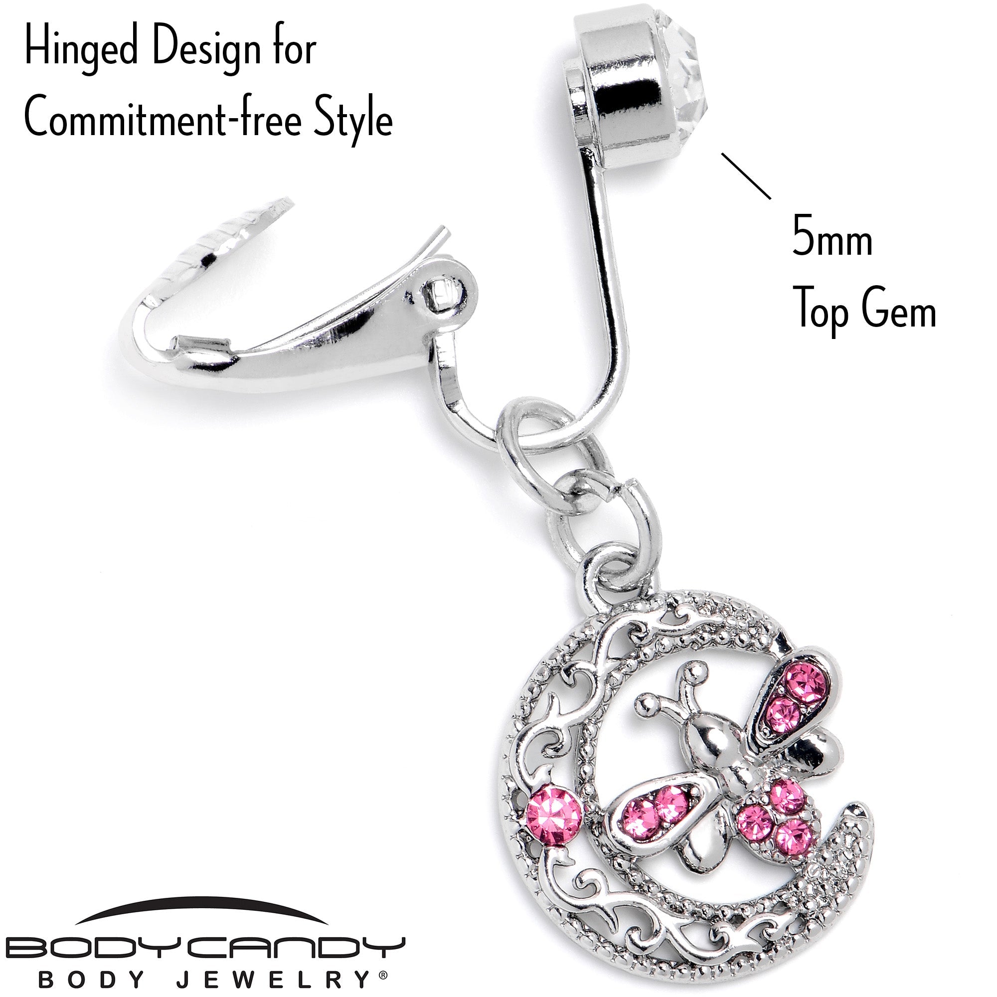 BodyCandy Pink Gem Lunar Dragonfly Fake Clip On Belly Ring — back view