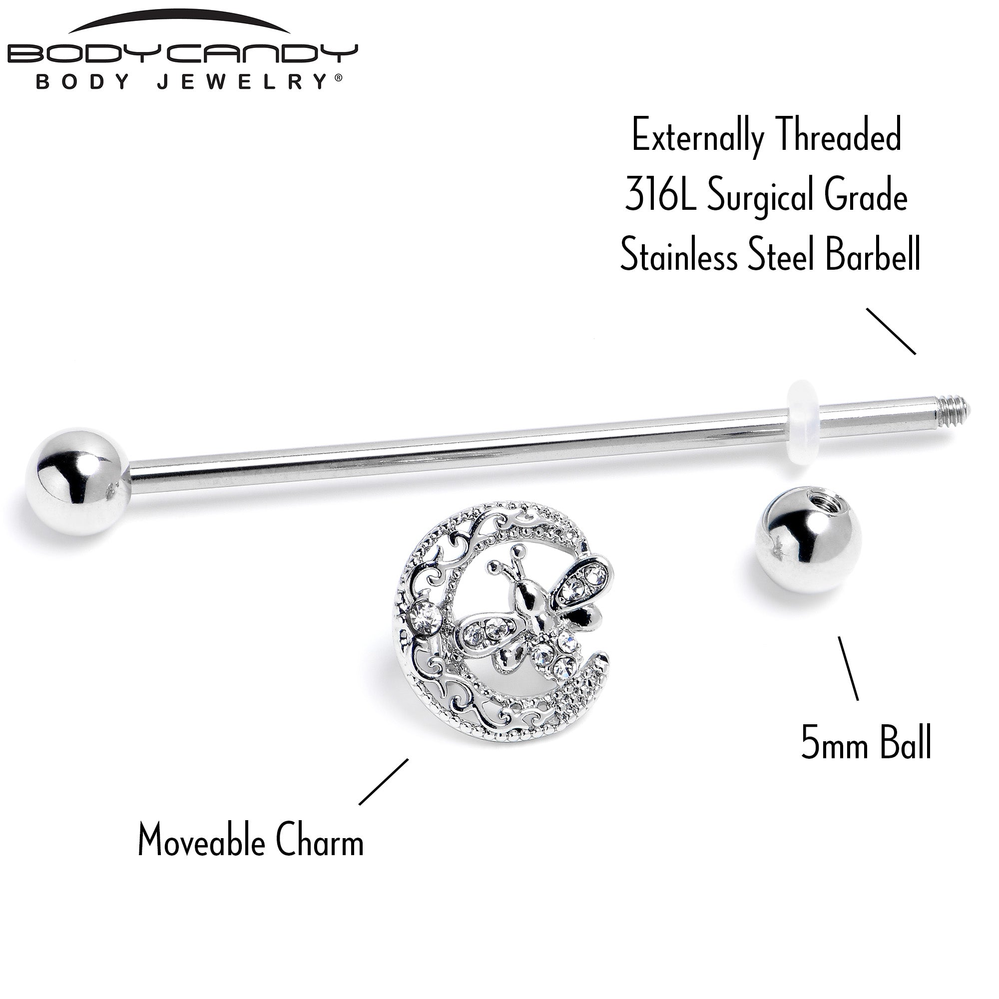 BodyCandy 14G Clear Gem Lunar Dragonfly Industrial Barbell 38mm — back view