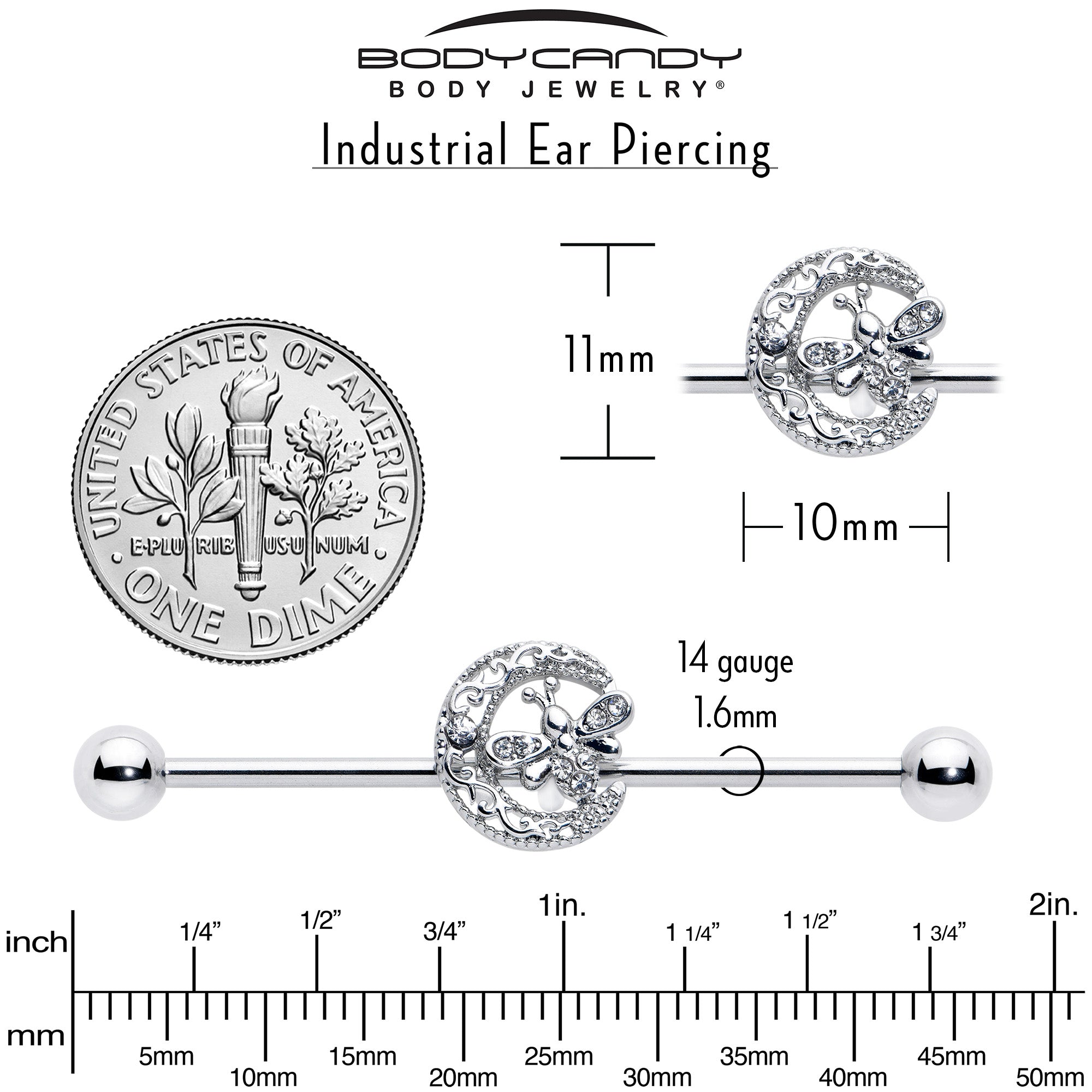 BodyCandy 14G Clear Gem Lunar Dragonfly Industrial Barbell 38mm — alternative angle