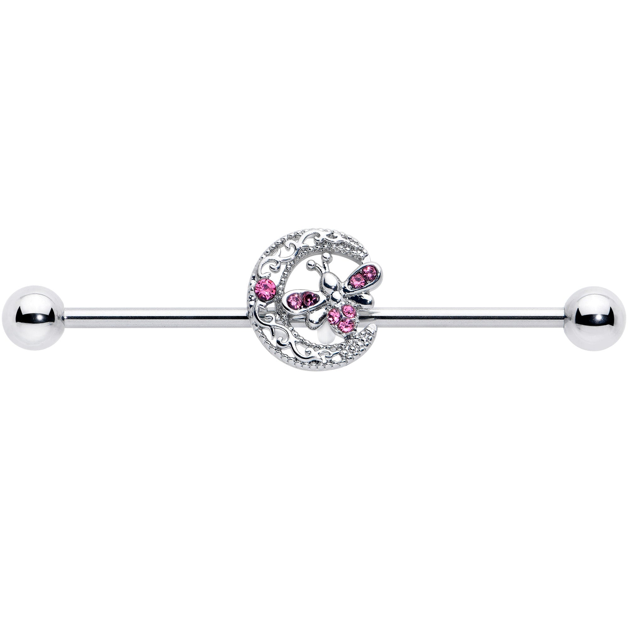 BodyCandy 14G Pink Gem Lunar Dragonfly Industrial Barbell 38mm — detail close-up
