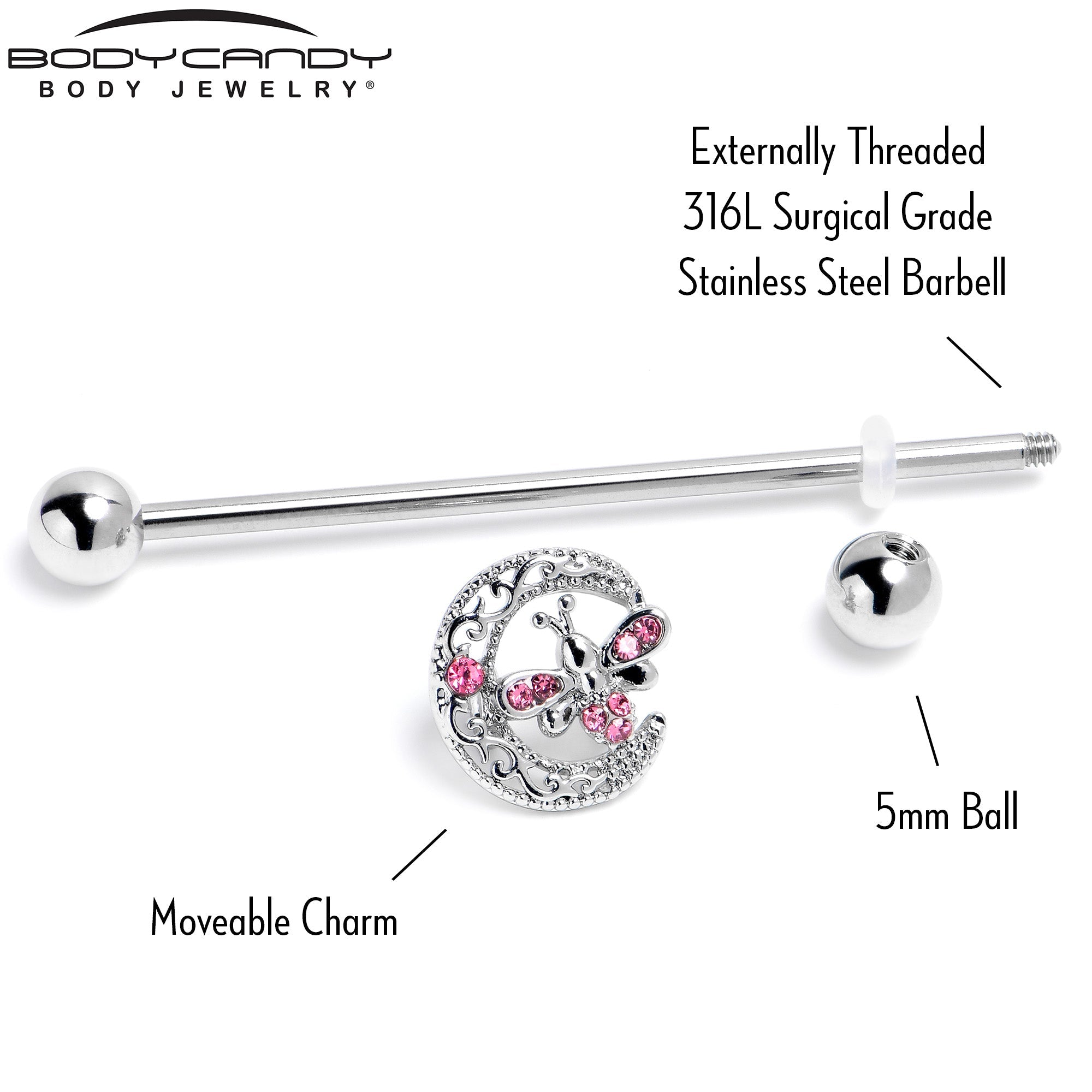 BodyCandy 14G Pink Gem Lunar Dragonfly Industrial Barbell 38mm — back view