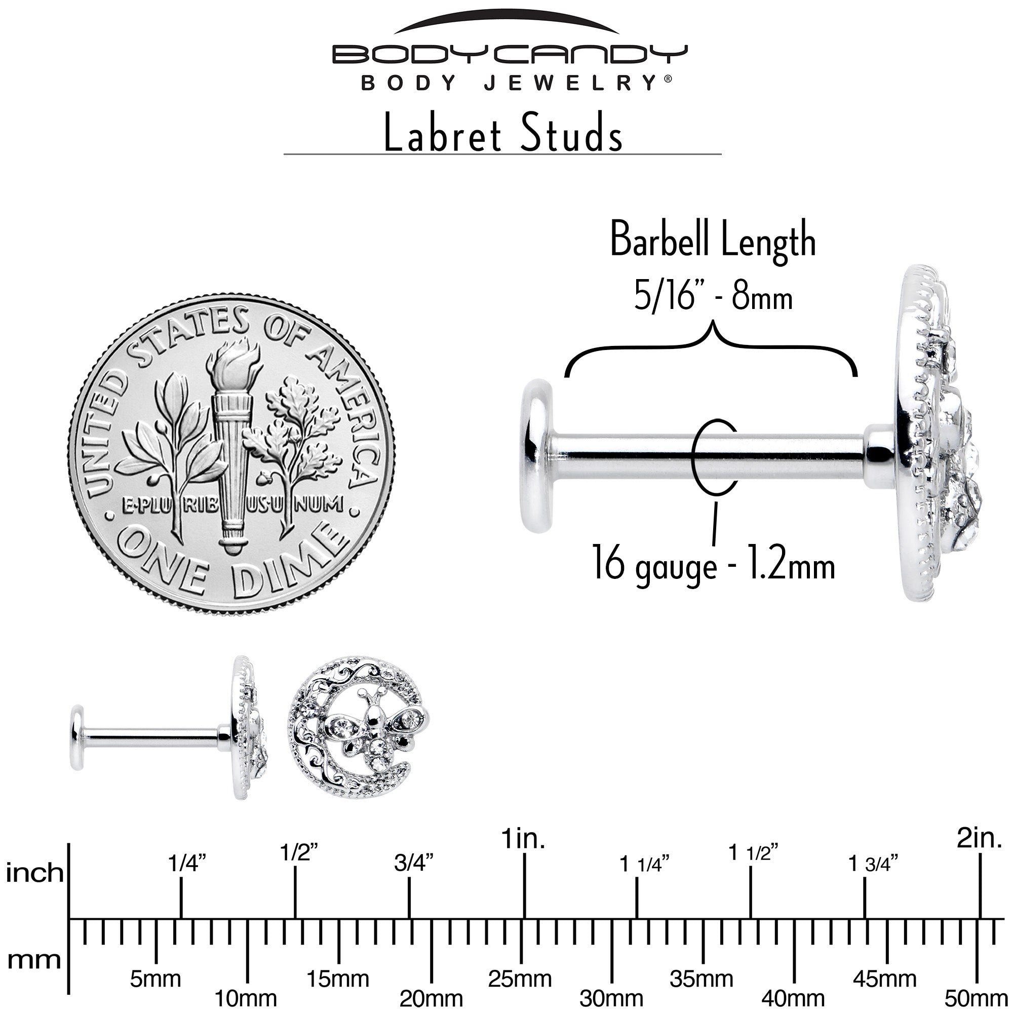 BodyCandy 16G 5/16 Clear Gem Lunar Dragonfly Internally Threaded Labret Tragus — alternative angle